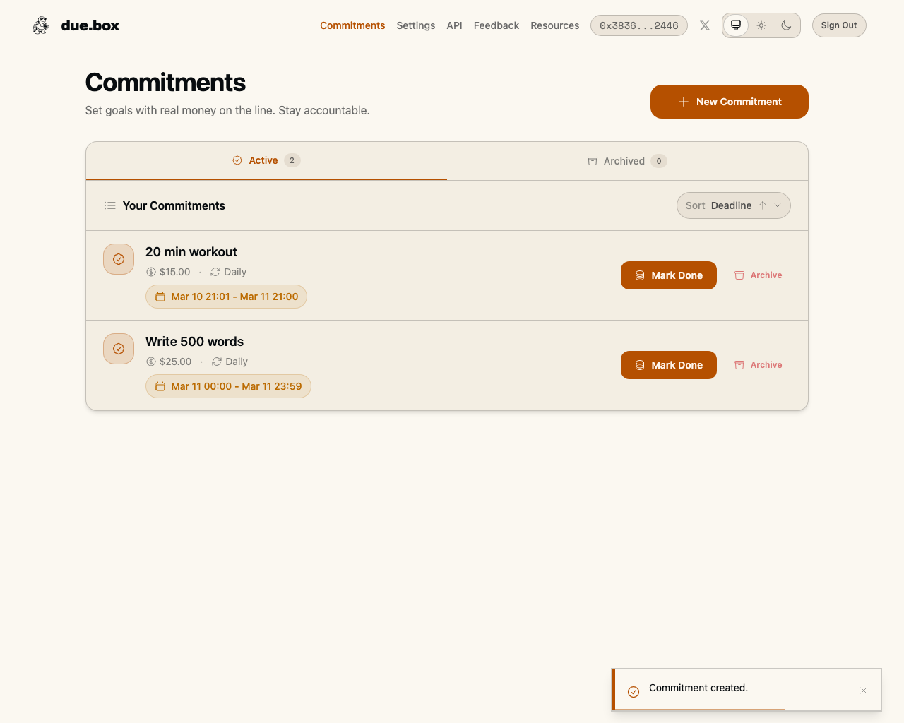 See active commitments and what is due next