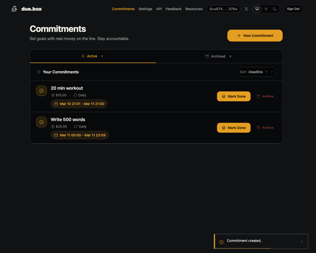 See active commitments and what is due next